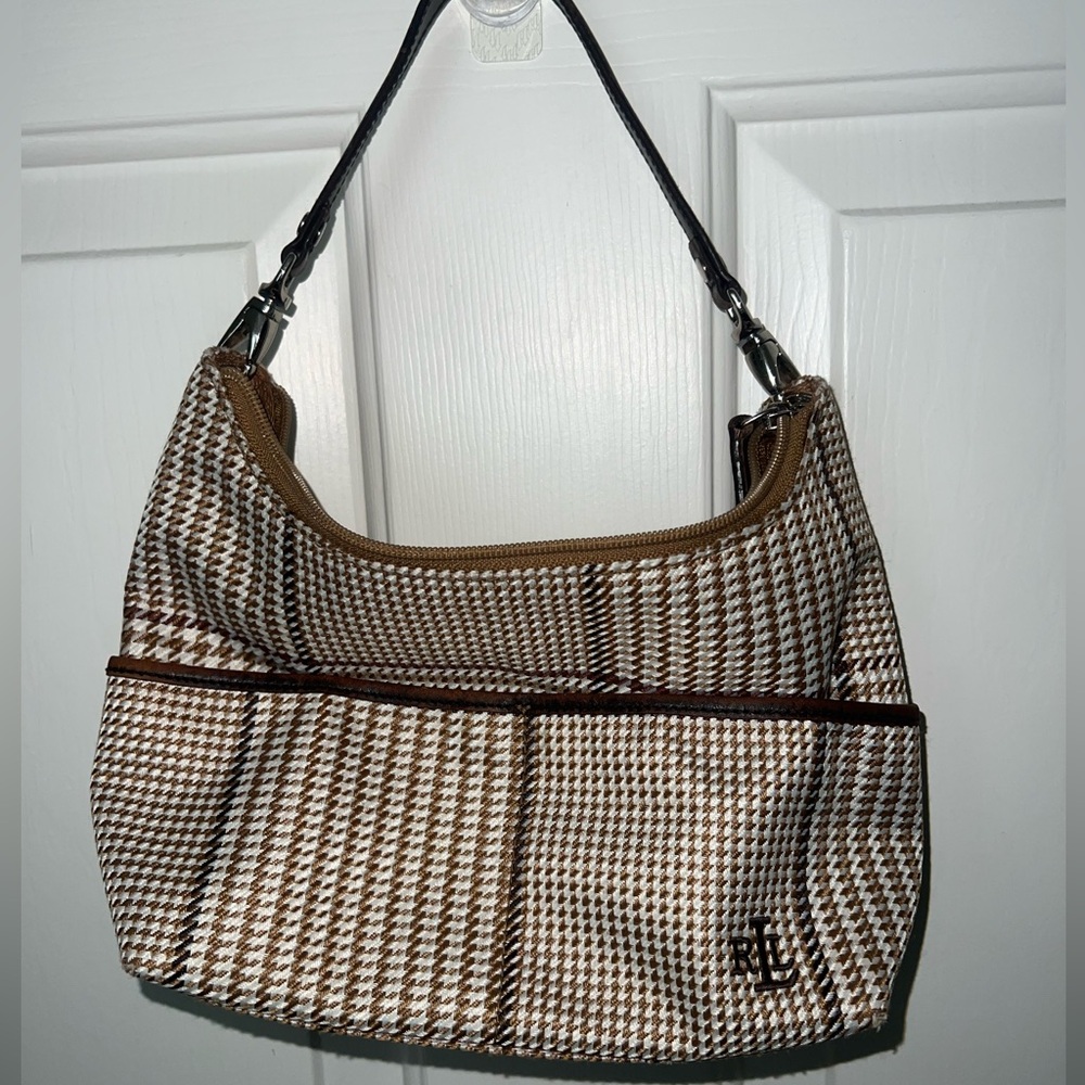 Ralph Lauren Brown and Cream Houndstooth Shoulder Bag
